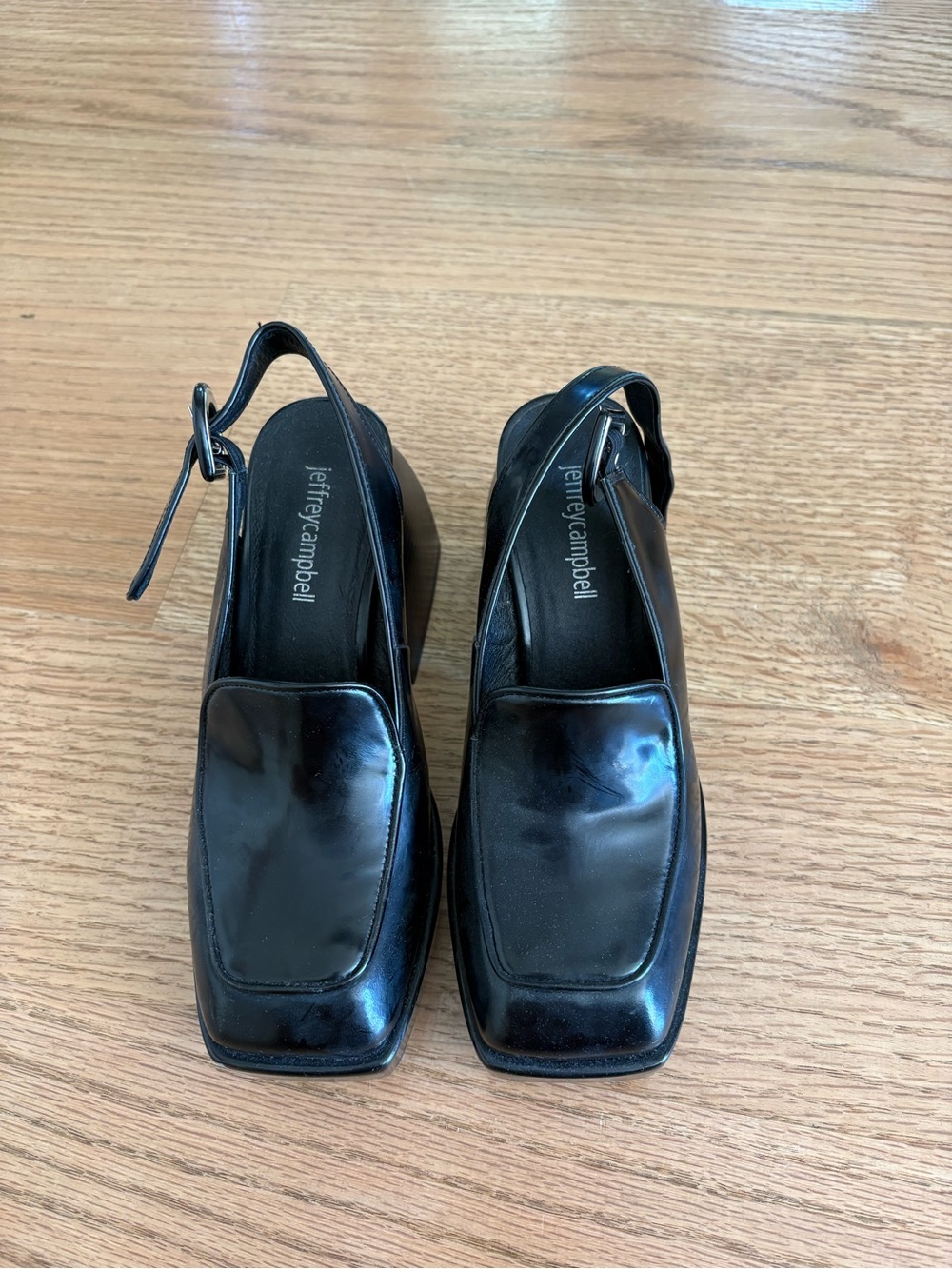 Jeffrey Campbell Black Leather Square-Toe Slingback heeled Loafers